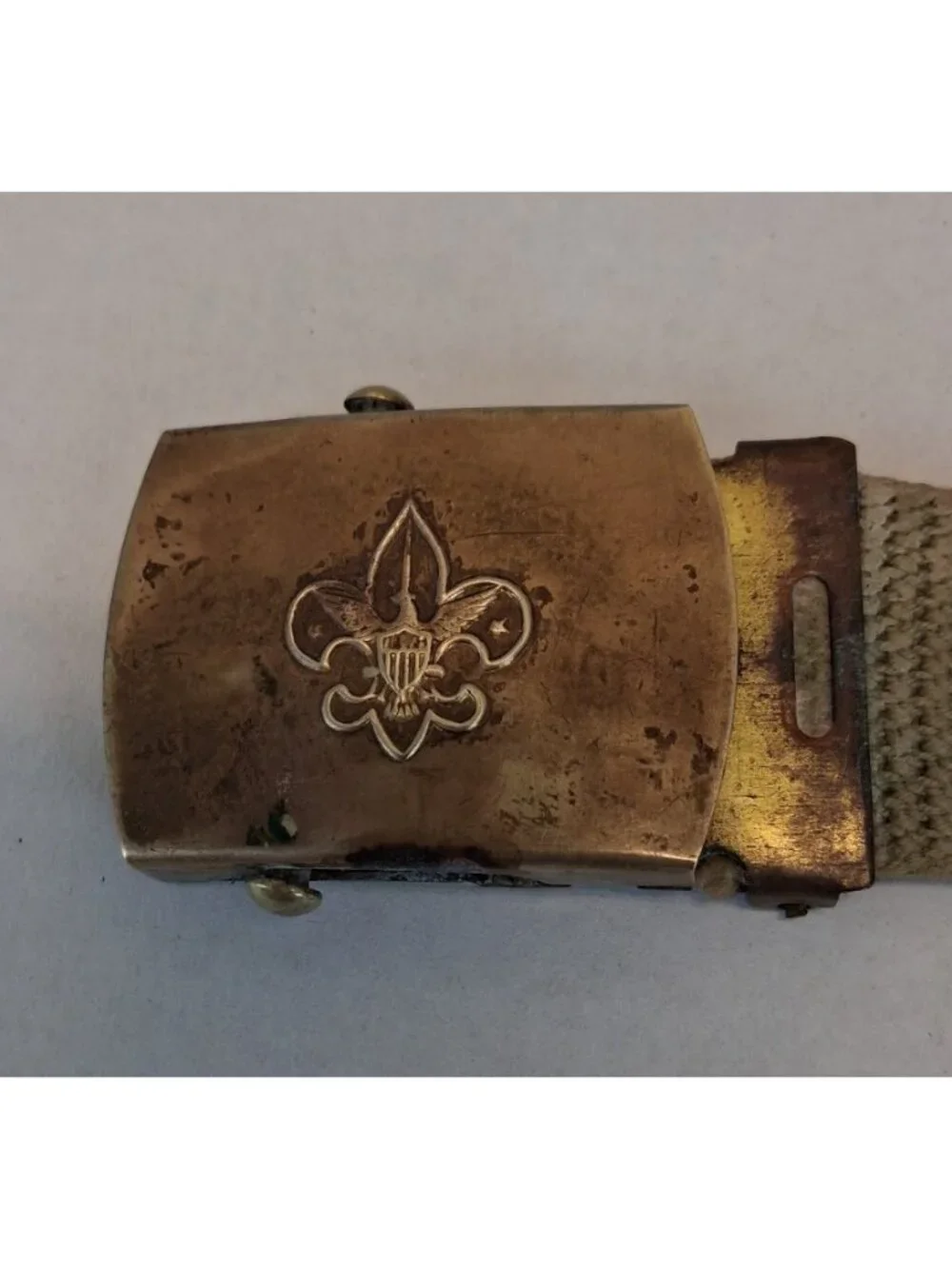 VTG Boy Scouts BSA Web Belt Brass Buckle Canvas Khaki 32” Fleur De Lis 1950-1970